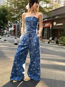 DAZY Women's Bandeau Top & Loose Fit Jeans Set - Blue - View 10