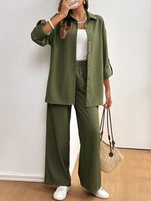 SHEIN Frenchy 女士纯色袖口衬衫和裤子休闲两件套 - 軍綠色 - 查看 4