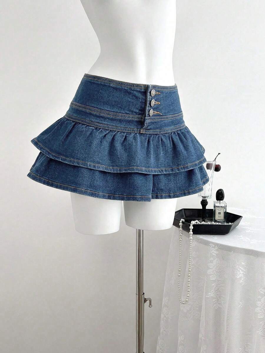 SHEIN PETITE Women's Ruffled Hem Denim Mini Skirt - Medium Wash - View 1