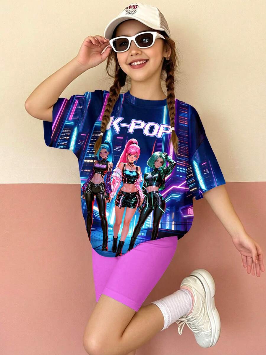 2 sztuki kontrastowego koloru dopaminy, zestaw szortów i koszulki z krótkim rękawem dla nastolatek z kreskówek K-POP, idealny na wiosnę/lato, do noszenia na co dzień, do domu i na sport - Wielokolorowe - Zobacz 1