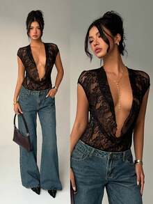 Aloruh 女士时尚性感深V领透视蕾丝连体裤，婚礼宾客装扮，派对礼服，复古性感Y2K风格，黑色蕾丝，夏季新品 - 黑色 - 查看 10