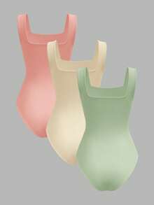 SHEIN BASICS 3pcs Set Casual Solid Color Knit Off-Shoulder Bodysuit For Women/Summer - Multicolor - View 3