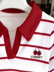 Resyla Áo kiểu nữ casual in chữ và sọc họa tiết quả anh đào, đa năng cho mặc hàng ngày. - Nhiều màu - Xem 3