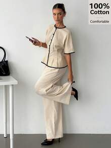 Siren Gaze 女士撞色滚边纽扣领衬衫，夏季休闲风 - 杏色 - 查看 7