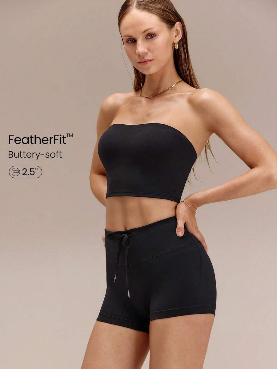 GLOWMODE Quần short FeatherFit™ Sunrise Stretch siêu cạp thấp, co giãn, có dây rút, chống trượt, rộng 2,5 inch, thích hợp cho yoga, pilates, tập luyện và mặc hàng ngày. - màu đen - Xem 1
