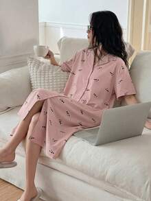 DAZY Panda Print Loose Fit Women Summer Nightgown - Khaki - View 5