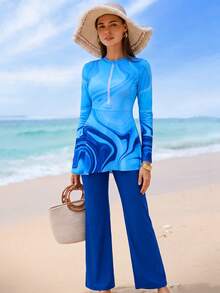 Swim Shayni Bộ đồ bơi 2 mảnh mùa xuân/hè mới dành cho nữ, gồm váy dài tay cổ cao khóa kéo in họa tiết nhuộm tie-dye và quần ống rộng, thích hợp cho kỳ nghỉ biển, du lịch trên tàu biển ở Trung Đông. - Nhiều màu - Xem 1