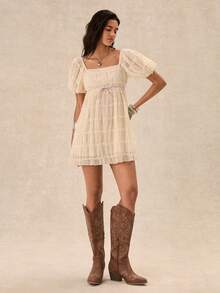 Easelle Apricot Woven Chiffon Mini Dress For Women - Apricot - View 4