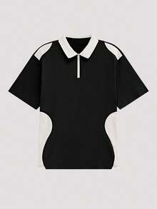 Open Phase Áo Polo nam cổ bẻ nửa khóa kéo phối màu tương phản, phong cách retro Mỹ, unisex, dáng rộng thoải mái, thích hợp cho trang phục mùa hè – Phù hợp cho mặc hàng ngày và các kỳ nghỉ hè. - màu đen - Xem 1