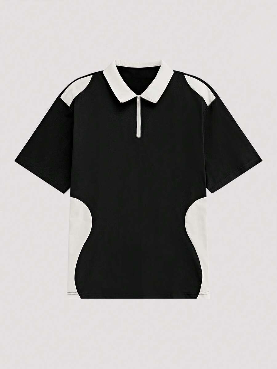Open Phase Áo Polo nam cổ bẻ nửa khóa kéo phối màu tương phản, phong cách retro Mỹ, unisex, dáng rộng thoải mái, thích hợp cho trang phục mùa hè – Phù hợp cho mặc hàng ngày và các kỳ nghỉ hè. - màu đen - Xem 1