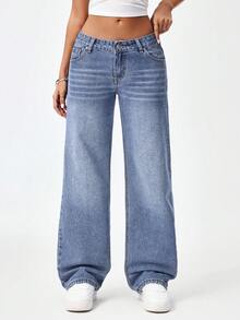 SHEIN ICON 女士口袋纽扣休闲百搭日常穿着阔腿牛仔裤 - 淺藍色 - 查看 4