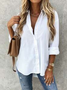 Selamara White Loose Casual Lace Patchwork Long Sleeve Shirt - White - View 4