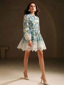 Anewsta Water-Soluble Embroidered Elegant Vacation Casual V-Neck Dress For Women Day Party White And Blue Floral Autumn - Blue - View 5