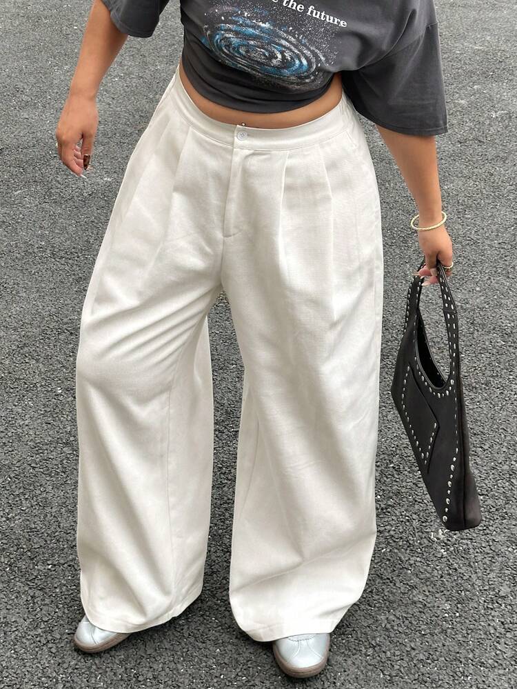 Dazy Plus Plus Size Women Solid Color Casual Loose Fit Long Pants, Versatile For Commuting, All Season, Spring/Summer, White