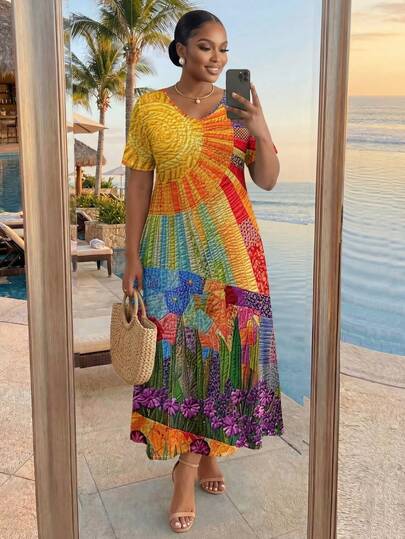 SHEIN Lady CURVE 大码女式彩色艺术纹理图案 V 领短袖连衣裙，适合夏季