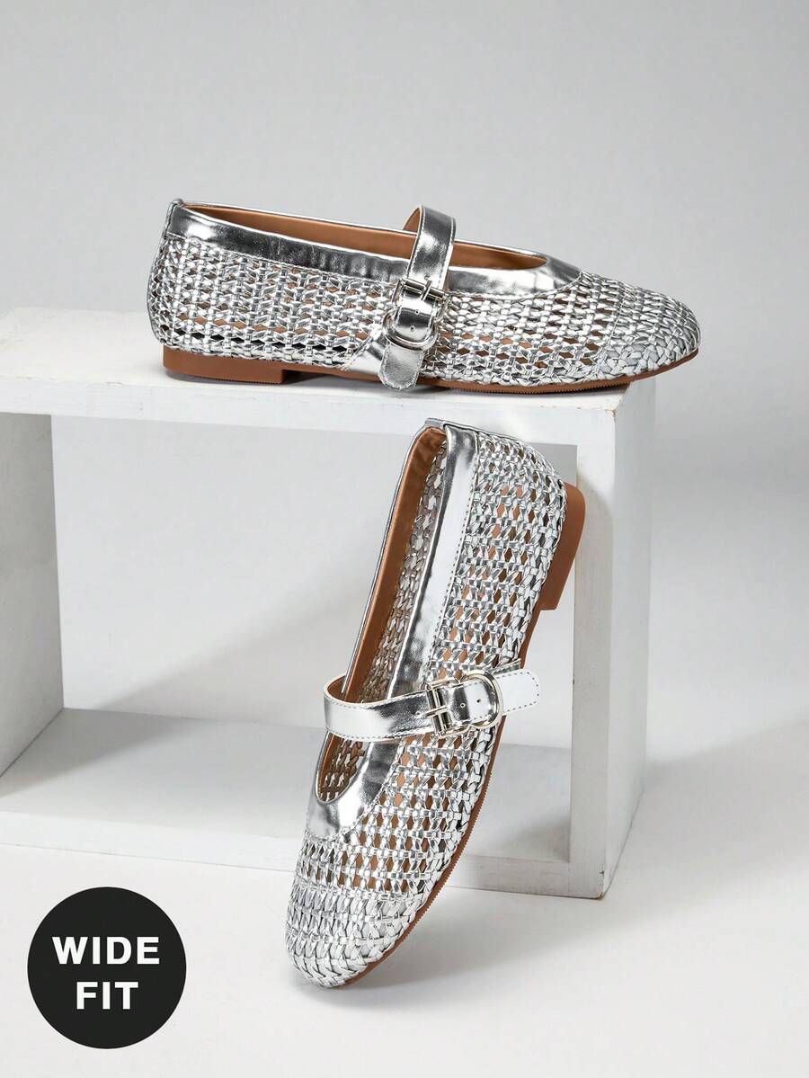SHUZIA Ladies Wide Fit Crochet Woven PU Mary Jane Flats - Metallic Silver - View 1
