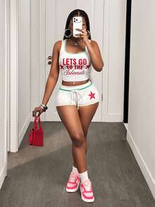 BamGleam Bộ đồ nữ 2 món gồm áo hai dây in khẩu hiệu và quần short cạp chun, kiểu dáng thường ngày. - trắng - Xem 6