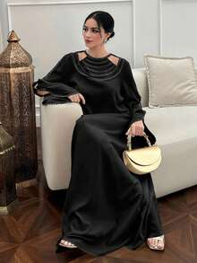 Yasmyna Women's Solid Color Contrast Lace Lantern Sleeve Elegant Arabic Style Dress - Black - View 3