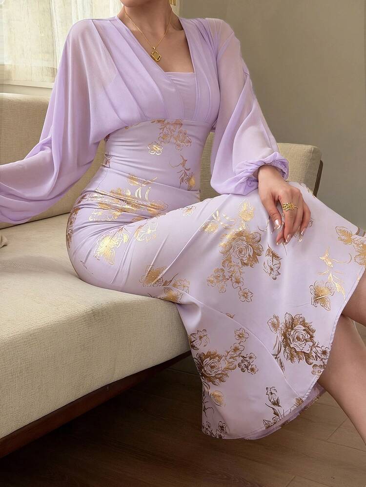 Women's Lantern Sleeve Fitted Elegant Long Dress Floral Dresses For Women