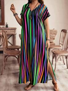 EMERY ROSE Plus Size Women's Dark Green Striped Color Block Maxi Long Beach Dress,Boho Summer Vacation Zebra Print Outfits,Spring Floral Bohemian Clothing - Multicolor - View 5