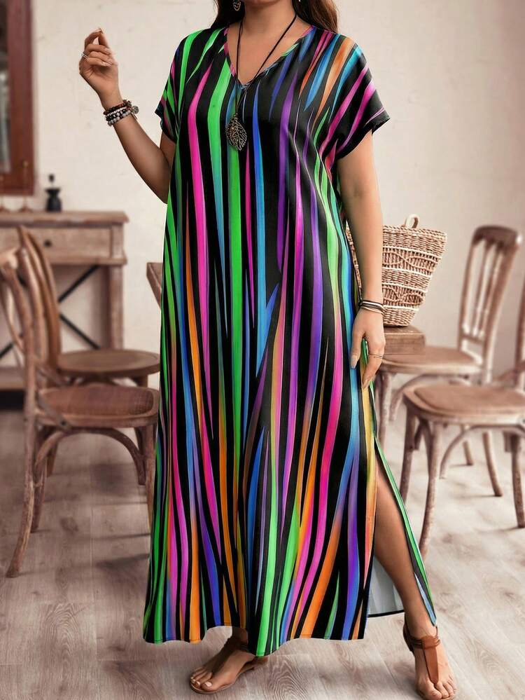 Plus Size Women's Striped Color Block Side Reflected Color Striped Maxi Long Beach Dress For Vacation Summer Dress Summer Outfits Summer Clothes Spring Dress Spring Outfit Women Spring Clothing Floral Dress Floral Dresses For Women Beach Vacation Outfits For Women Vacation Dress Bohemian Women's Summer Dresses Women Vacation Outfit Women Summer Outfits Zebra Dress For Women