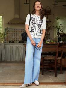 Dayvera 女士植物印花短袖单排扣针织开衫 - 杏色 - 查看 6