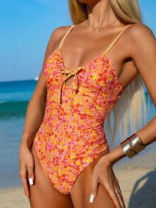 Swim Mod Áo tắm liền thân hở lưng, cổ yếm họa tiết hoa nhí ngọt ngào dành cho nữ, dáng ôm, thích hợp cho mùa xuân/hè. - Nhiều màu - Xem 8