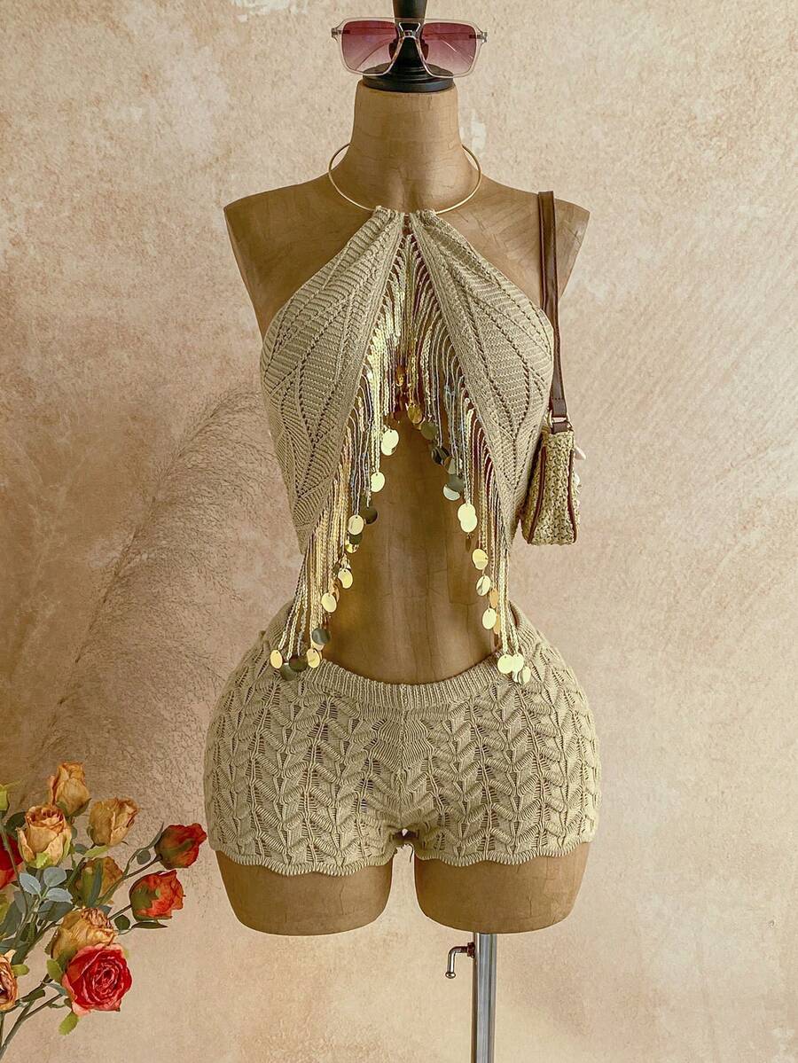 Soleia Bộ đồ 2 món dành cho nữ, áo len cổ yếm đính sequin và tua rua viền, gồm áo và quần short len, thích hợp cho kỳ nghỉ. - Màu be - Xem 1