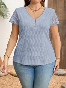 Reflora Plus Size Women's T-Shirt, Summer Casual Wear Top, Elegant Knit Jacquard T-Shirt With Contrast Lace, White - Dusty Blue - View 4