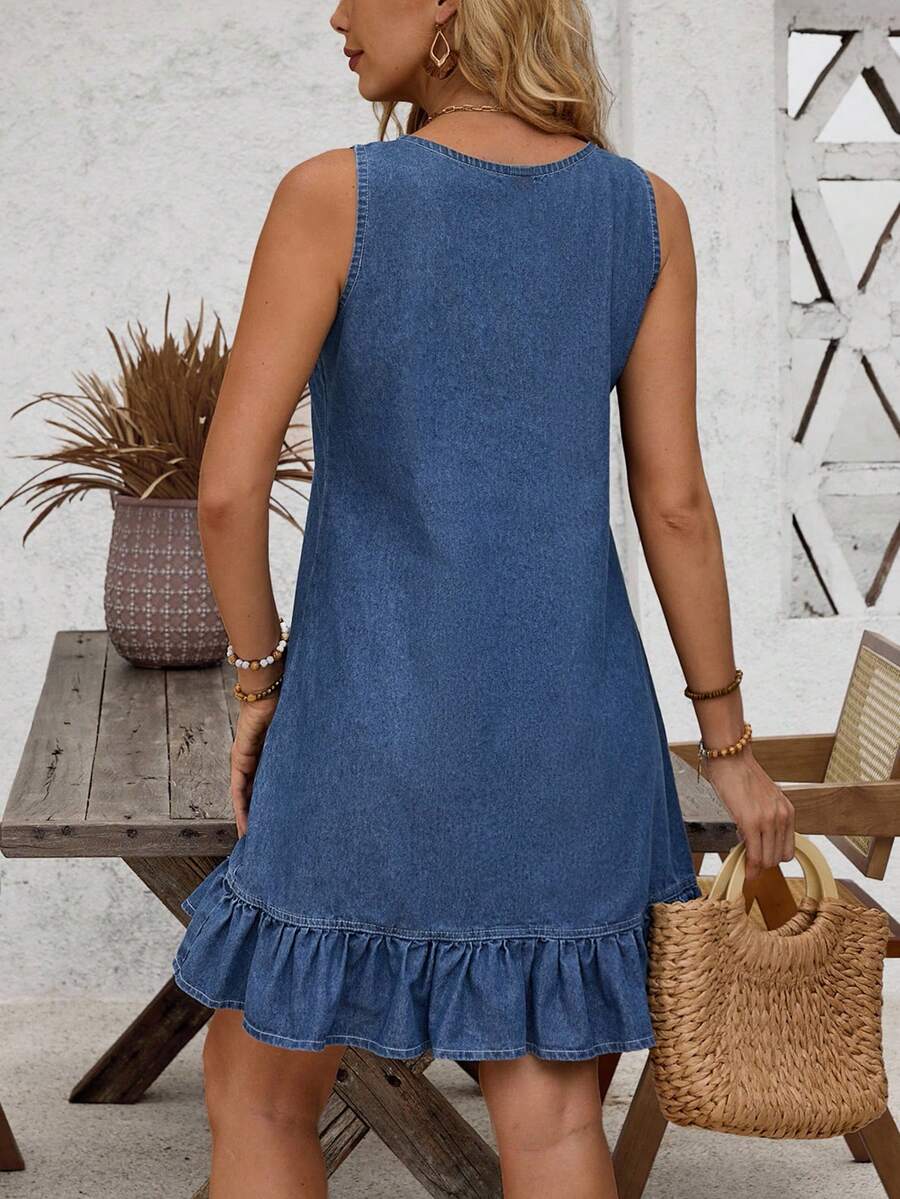 EMERY ROSE 休闲无袖牛仔连衣裙，荷叶边下摆，圆领 - 藍色 - 查看 1