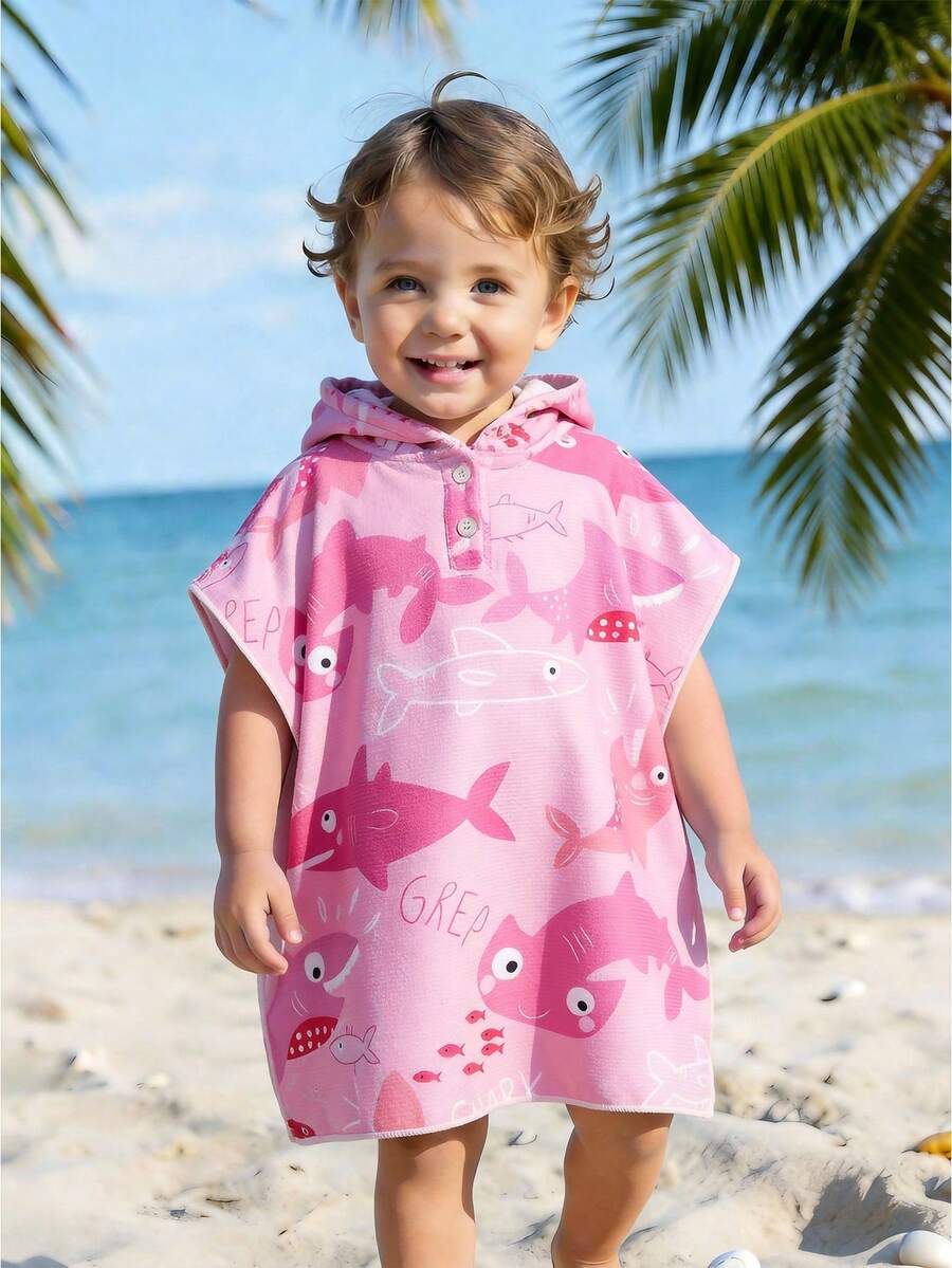 婴儿/幼儿男童蓝色卡通鲨鱼印花连帽罩衫浴巾，泳衣罩衫，V领斗篷，泳衣，沙滩披肩，沐浴必备，游泳罩衫 - 粉色 - 查看 1
