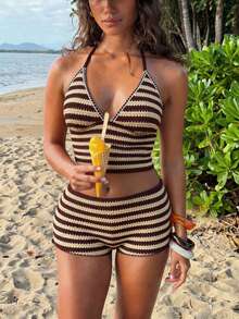 Swim Mod 新款女士优雅复古 Y2K 波西米亚风两件式钩针比基尼套装 - 棕黄色条纹手工钩针吊带背心，撞色滚边，高腰性感泳裤 - 质感弹力透气面料，修身显瘦，复古夏日风情 - 夏季度假、度假村、泳池派对、音乐节、婚礼、春假和热带之旅的完美泳装 - 彩色 - 查看 6