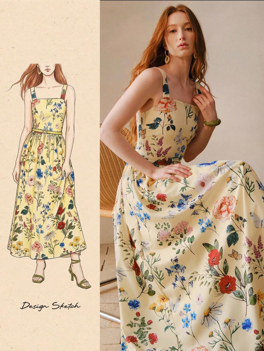 MOTF PREMIUM ĐẦM DÀI NGANG NGỰC HỌA TIẾT HOA THANH LỊCH DÀNH CHO NỮ - Màu vàng - Xem 1