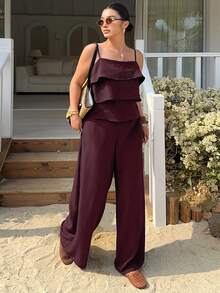 Dazy Plus Spring/Summer Vacation Style Cropped Camisole Top With Ruffle Hem And Casual Pants Set, Plus Size Lounge Sets For Women - Burgundy - View 4