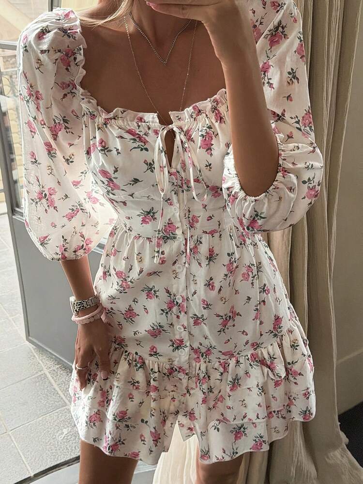 Elegant Pink Square Neck Frill Trim Ditsy Floral Tie-Waist Cotton Mini Dress, Suitable For Summer Holiday & Party Boho