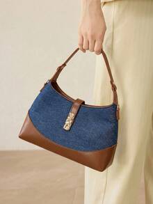 MOTF PREMIUM BOLSO DE MANO PARA DAMAS, EMPALME CONTRASTANTE RETRO, PARA USO DIARIO - Azul mezclilla - Ver 8