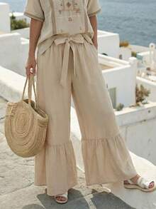 Isle Nomé Women's Loose Pants Suit, Vacation Style Casual Girlisim Versatile, Suitable For Beach Golf, Holiday, Travel, Solid Color Long Pants, Autumn Pastal - Khaki - View 3
