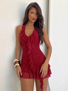 Vestido mini con cuello halter y volantes de unicolor para mujer - Burdeos - Ver 3