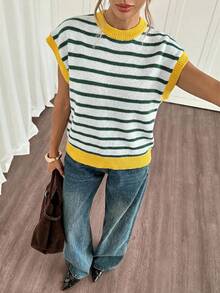 Siren Gaze Blusa de punto casual con mangas de murciélago y patrón de rayas de color block para uso diario - Multicolor - Ver 3