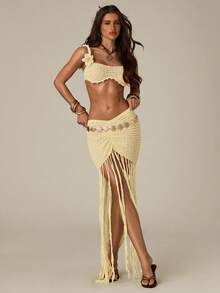 SHEIN BAE Bộ đồ gồm áo hai dây dệt kim kiểu Mỹ gợi cảm kết hợp với chân váy ngắn viền tua rua bất đối xứng độc đáo. - Màu vàng - Xem 4