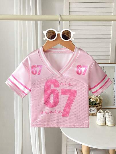 SHEIN Baby Girl Number Graphic Football Jersey T-Shirt, Casual Sports Street Fashion Jersey In Pink