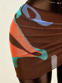 2026新款复古人脸印花性感网纱四件套比基尼 - 彩色 - 查看 7