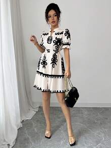 Elenzga 女士休闲花卉印花 V 领收腰连衣裙 - 彩色 - 查看 7