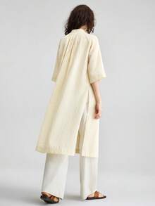 Ontre Blusa aderente in misto lyocell, morbida e confortevole, con maniche a 3/4, collo alla coreana, apertura frontale, design con spacchi laterali, adatta per vacanze, spiaggia, stile boho, festival di musica country, stile western, casual chic, vibrazioni vintage soft, abbigliamento da crociera, lusso minimalista, versatile per ufficio, pendolarismo, moda aeroportuale di alta qualità - Multicolore - Visualizzare 4