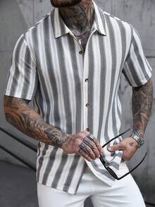 VENTUSAIL Camisa casual de manga corta con textura y rayas verticales para hombre - Multicolor - Ver 5