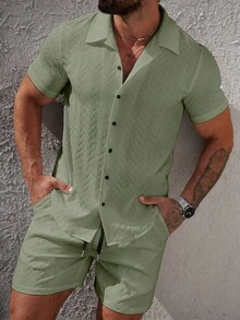 Manfinity CasualCool 男士休闲短袖衬衫套装 - 軍綠色 - 查看 7