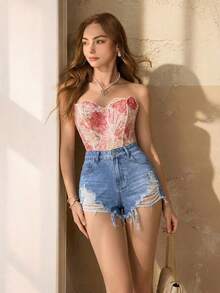 Selenza Shorts vaqueros informales y versátiles para mujer con bolsillos y flecos desgastados - Azul - Ver 3