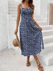 SHEIN Frenchy Women's Ditsy Floral Slit Design Casual Vacation Date Midi Slip Dress,Summer Dresses For Women - Green - View 5