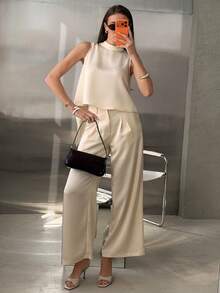 DAZY Women's Elegant Solid Color Mandarin Collar Top And Wide Leg Pants 2-Piece Set, Spring & Summer Lounge Sets For Women Short Sets For Women - Beige - View 4