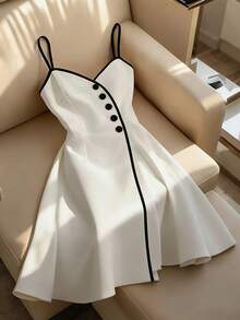 Franclia 女士极简纯色拼接吊带连衣裙 - 黑與白 - 查看 1